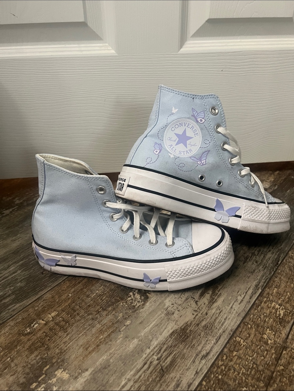 Converse High Top Sneakers - Pale Blue with Lavender Butterfly Accents - Picture 1 of 2